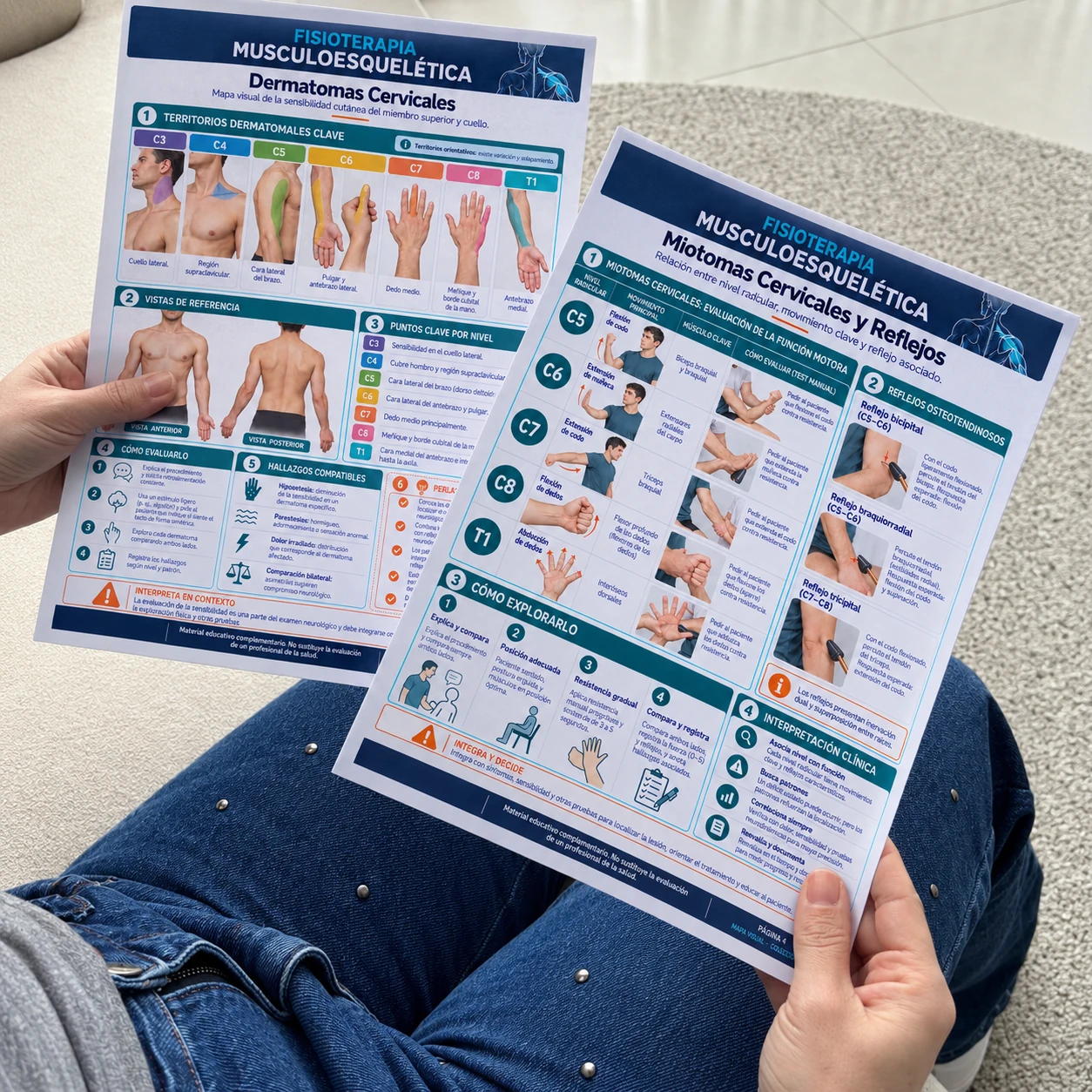 Dos fichas impresas de fisioterapia sostenidas en las manos