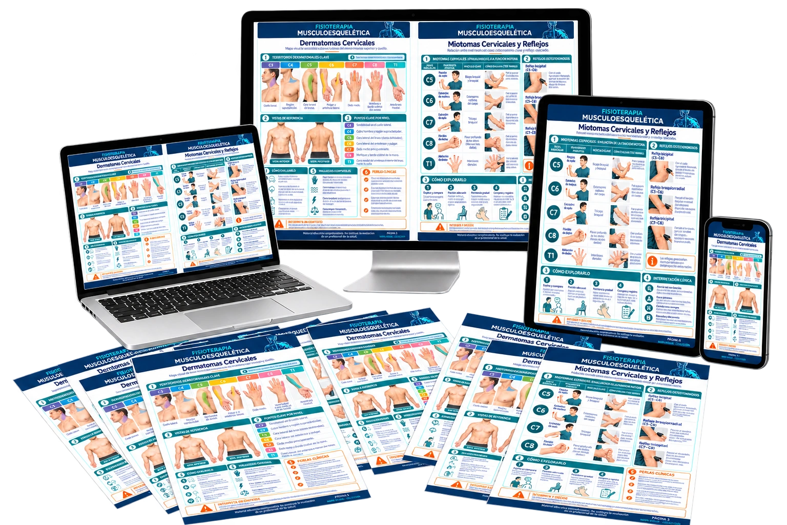 Mapas de fisioterapia en computadora, notebook, tablet, celular y hojas impresas